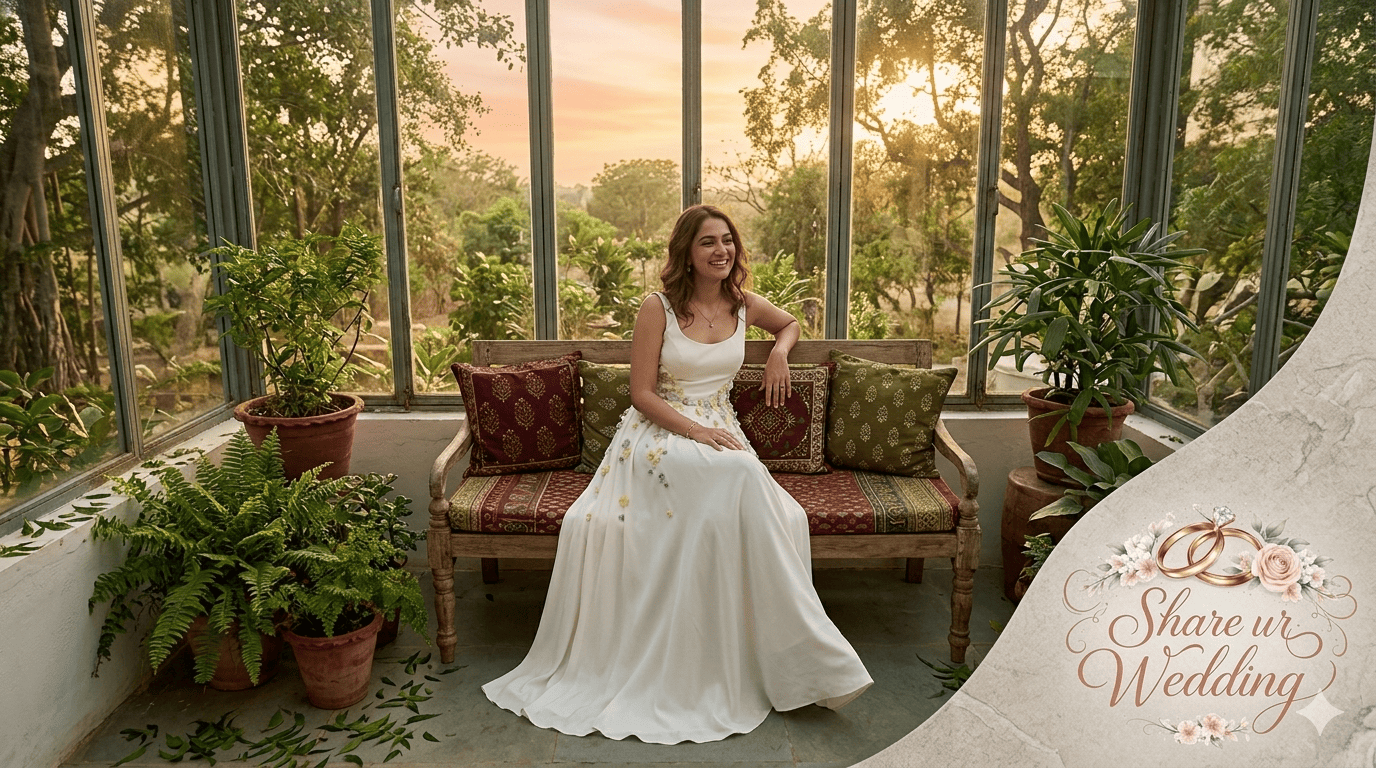 A relaxed and joyful bride seated in a sunlit conservatory near Chittoor wearing an unstructured ivory silk-crepe gown with a basque waistline and scattering 3D floral appliqué.