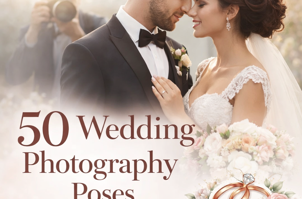 Romantic bride and groom wedding pose with elegant floral design and Share ur Wedding logo for wedding photography poses guide