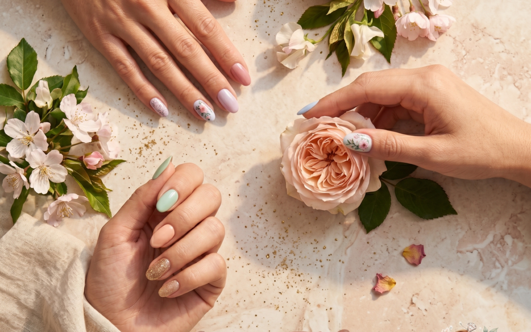 A flat-lay photo of elegant hands with pastel April nail designs, featuring light blue, pink, and floral patterns, accented with fresh roses on a marble surface.