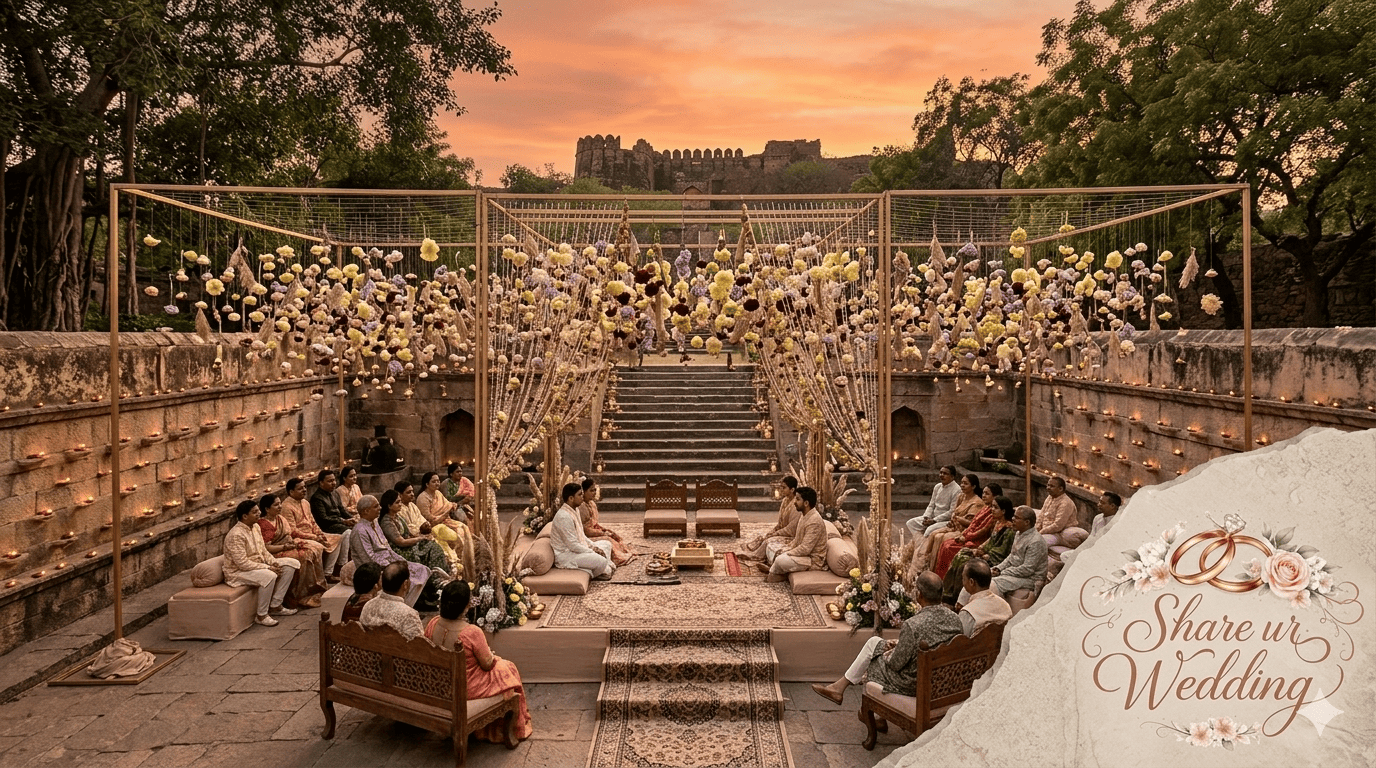 A modern open-frame wedding mandap with suspended floral art installations and warm sunset lighting in a luxury garden setting