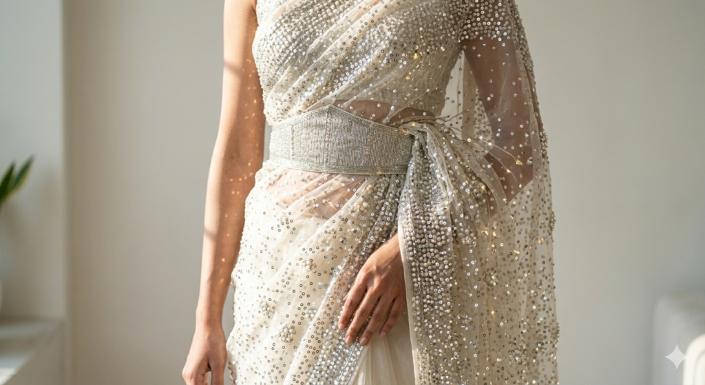 Standing high-fashion bride in an asymmetric cape-pallu saree drape in sheer off-white organza, secured by a unique polished metallic rose-gold plated flexible armor plating structural corset, in a sunlit minimalist modern apartment.