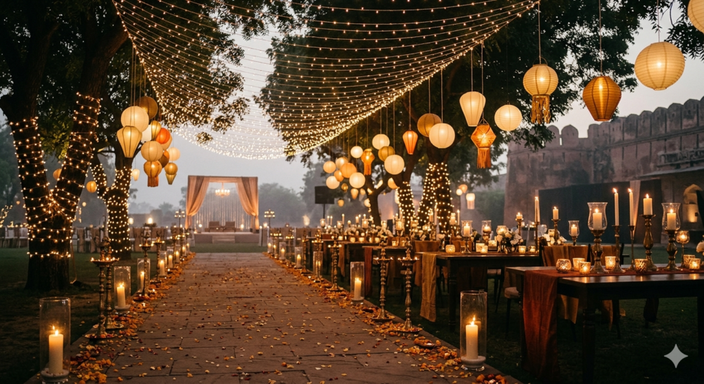 An enchanting evening outdoor wedding setup featuring a canopy of fairy lights, hanging paper lanterns, and pathways lined with hurricane lamps and candles.