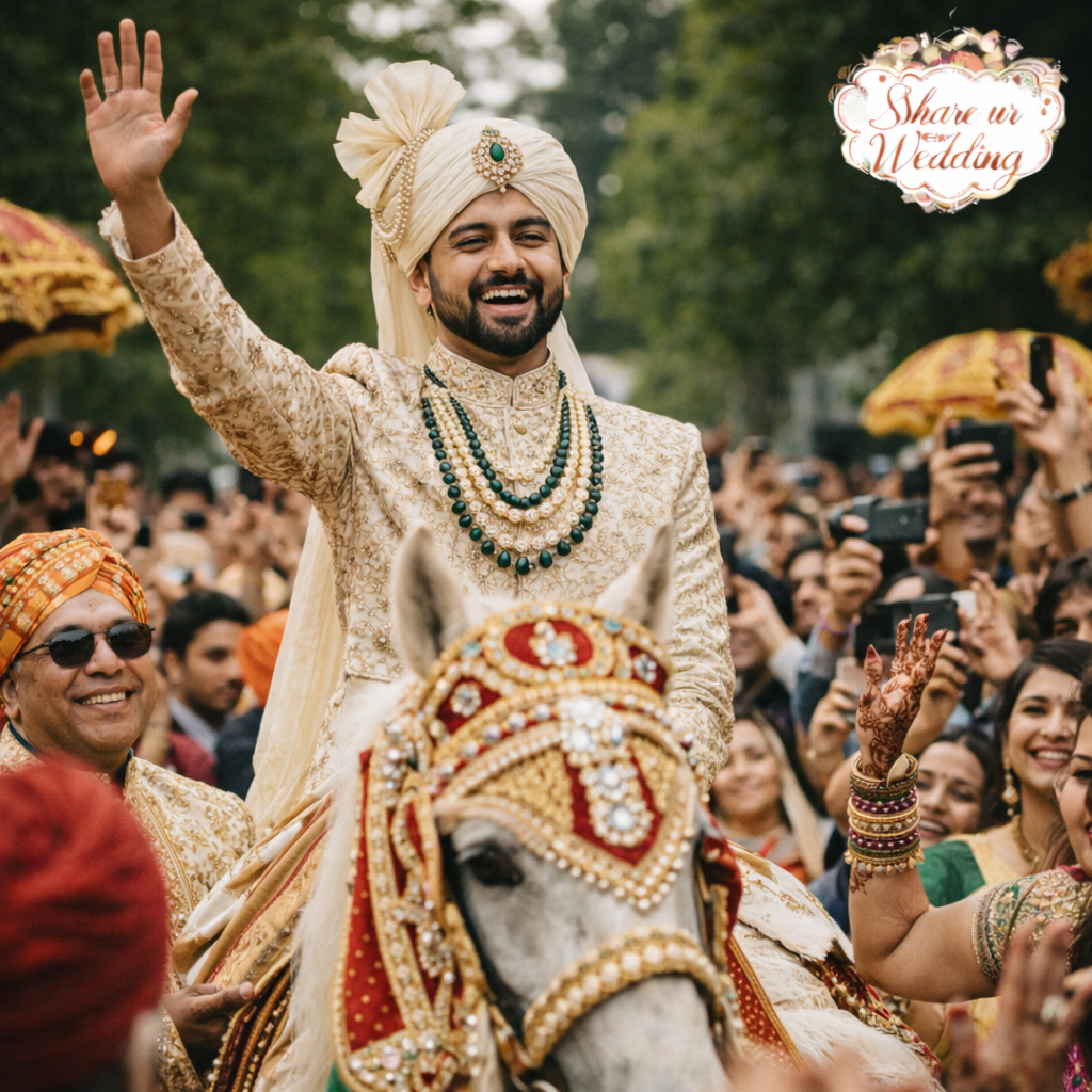Indian baraat candid with groom riding horse, wedding procession celebration and dancing guests