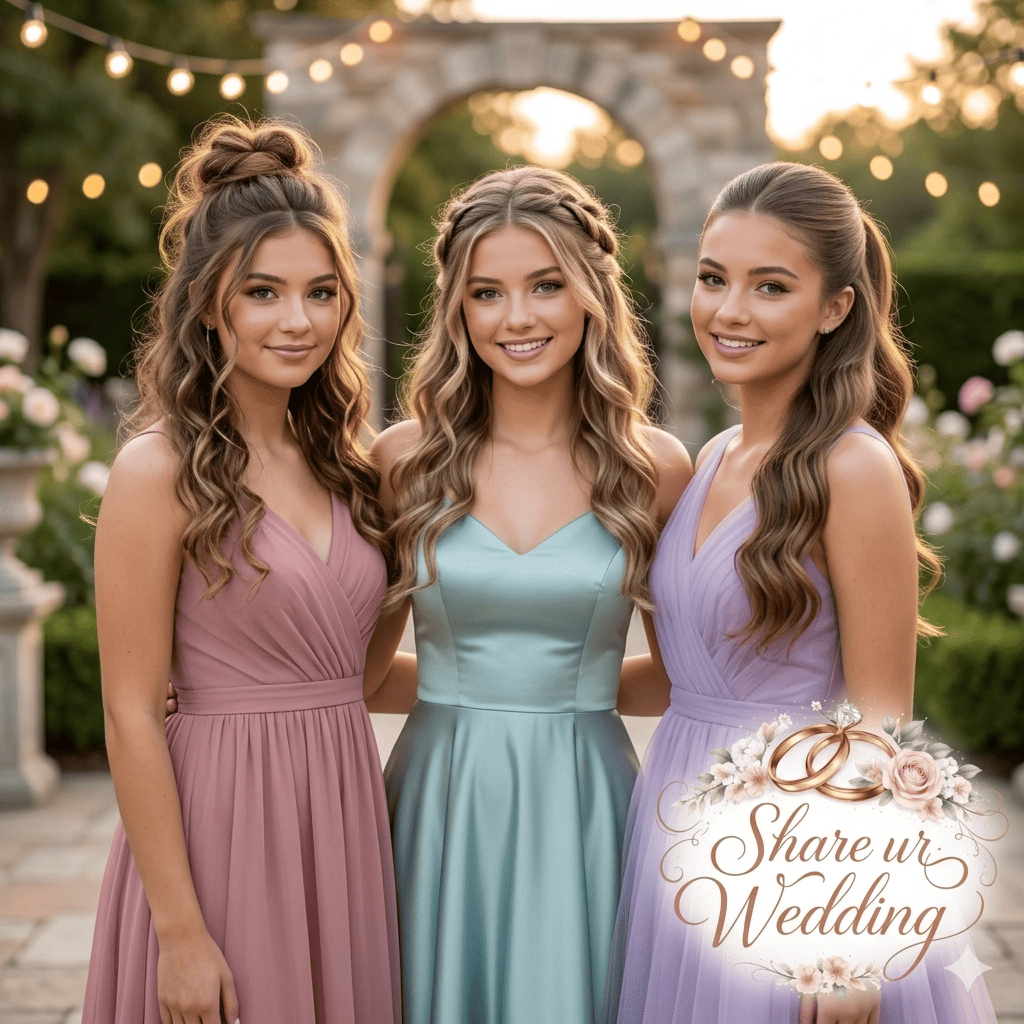 A photograph of three women on a stone patio at sunset, showcasing different half-up half-down prom hairstyles including a textured top knot, a twisted crown braid, and a sleek high ponytail, with wavy hair flowing down. The 'Share ur Wedding' logo is in the bottom right corner.