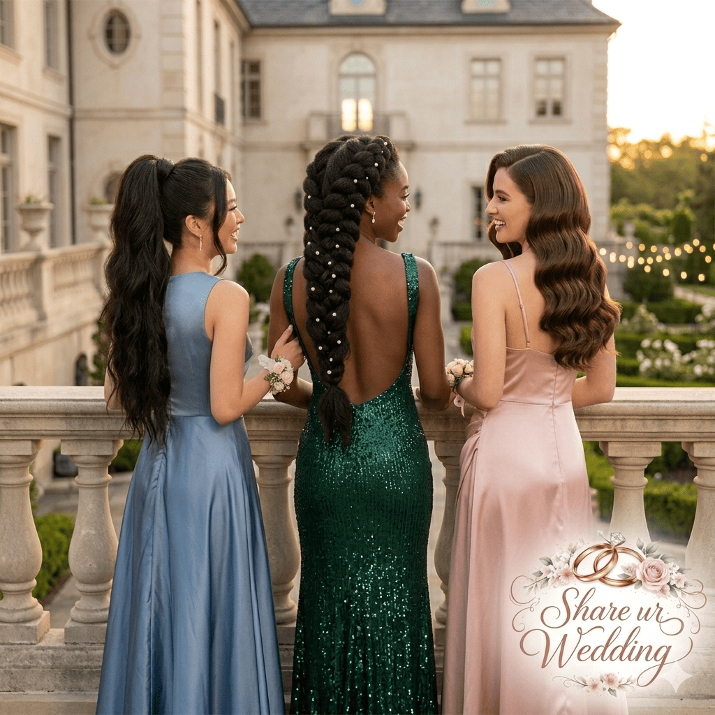 Rear view of three women showcasing long prom hairstyles: a voluminous high ponytail, an intricate mermaid braid with pearls, and classic Old Hollywood waves.
