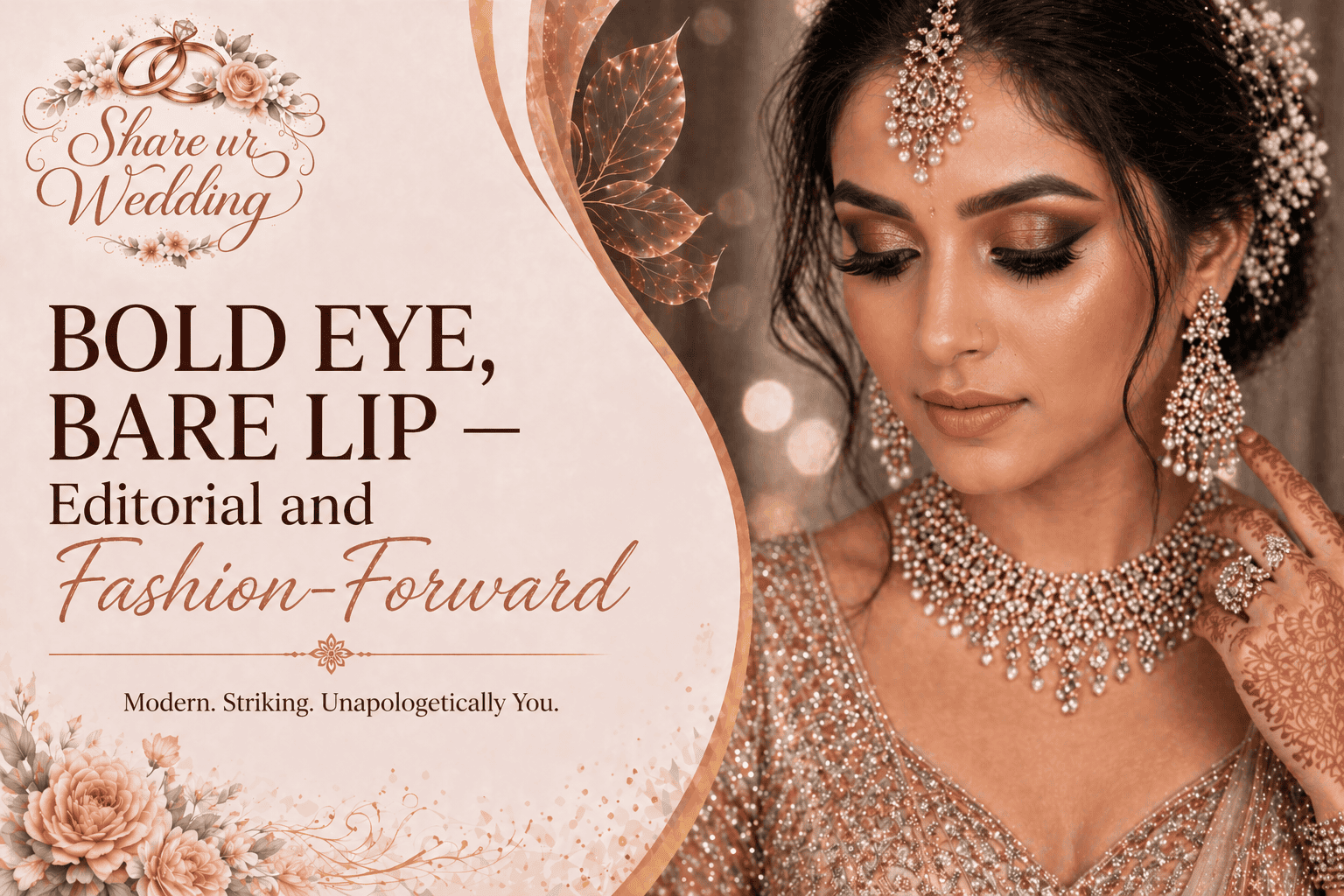 Editorial bridal makeup with bold dramatic eye makeup and nude bare lips for modern fashion-forward Indian bride
