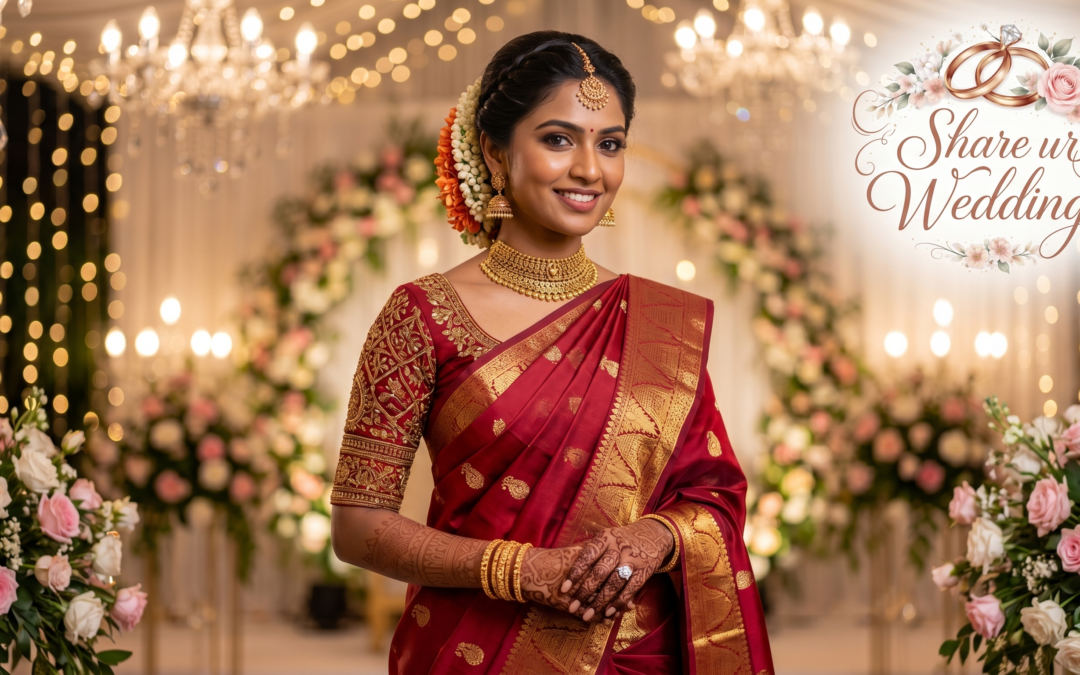A South Indian bride wearing a royal red Kanjivaram silk saree with gold zari work, featuring the Share Ur Wedding logo, in a decorated wedding hall.