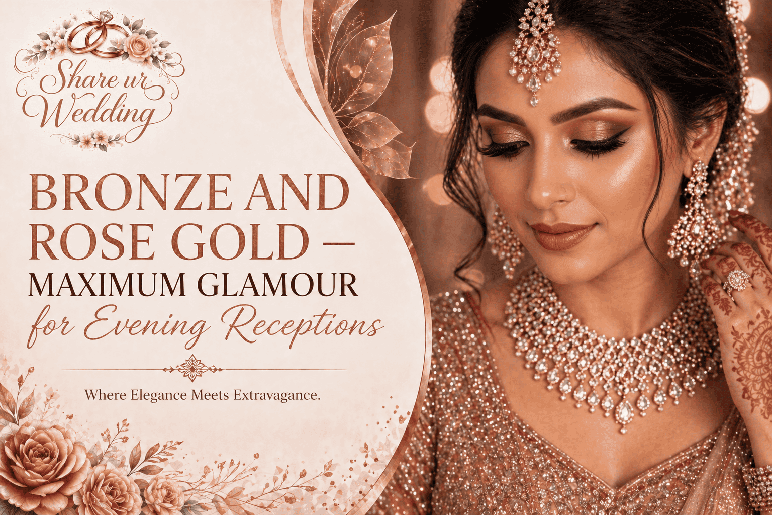 Bronze and rose gold bridal makeup with smokey eyes, glowing skin and glossy lips for evening reception