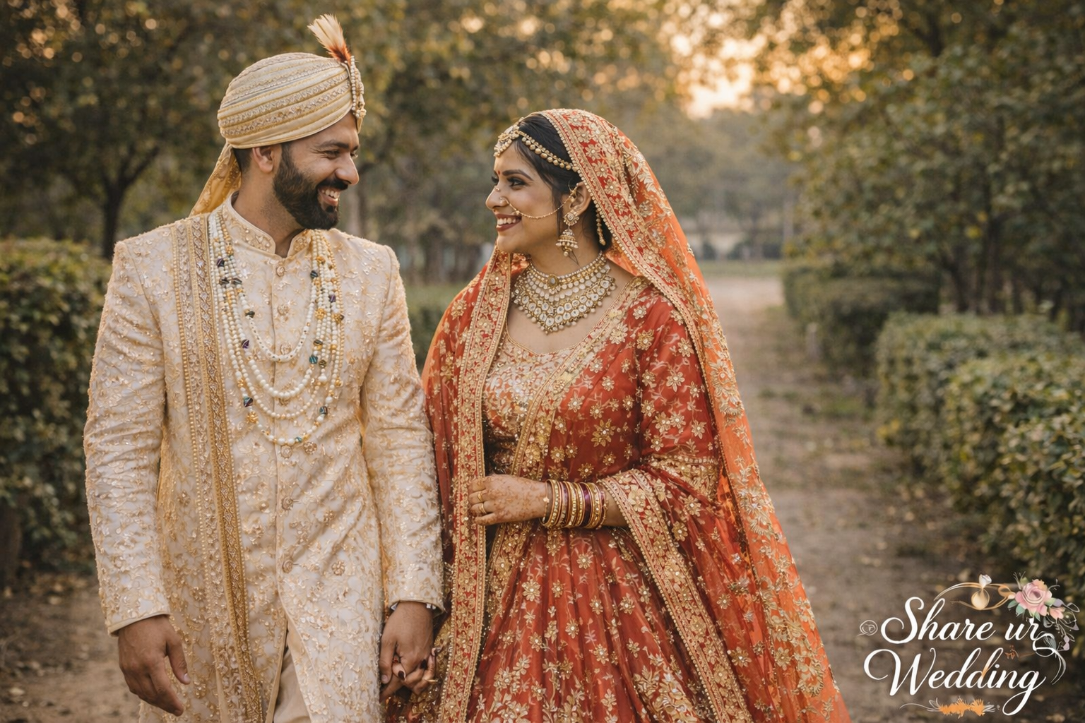Indian wedding couple walking and talking candidly in garden pre wedding shoot natural smiling pose