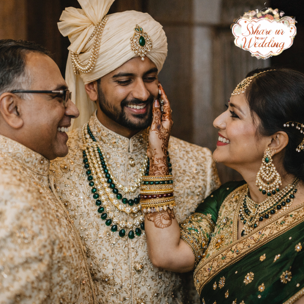 Indian wedding candid moment with groom and family, emotional interaction and traditional attire