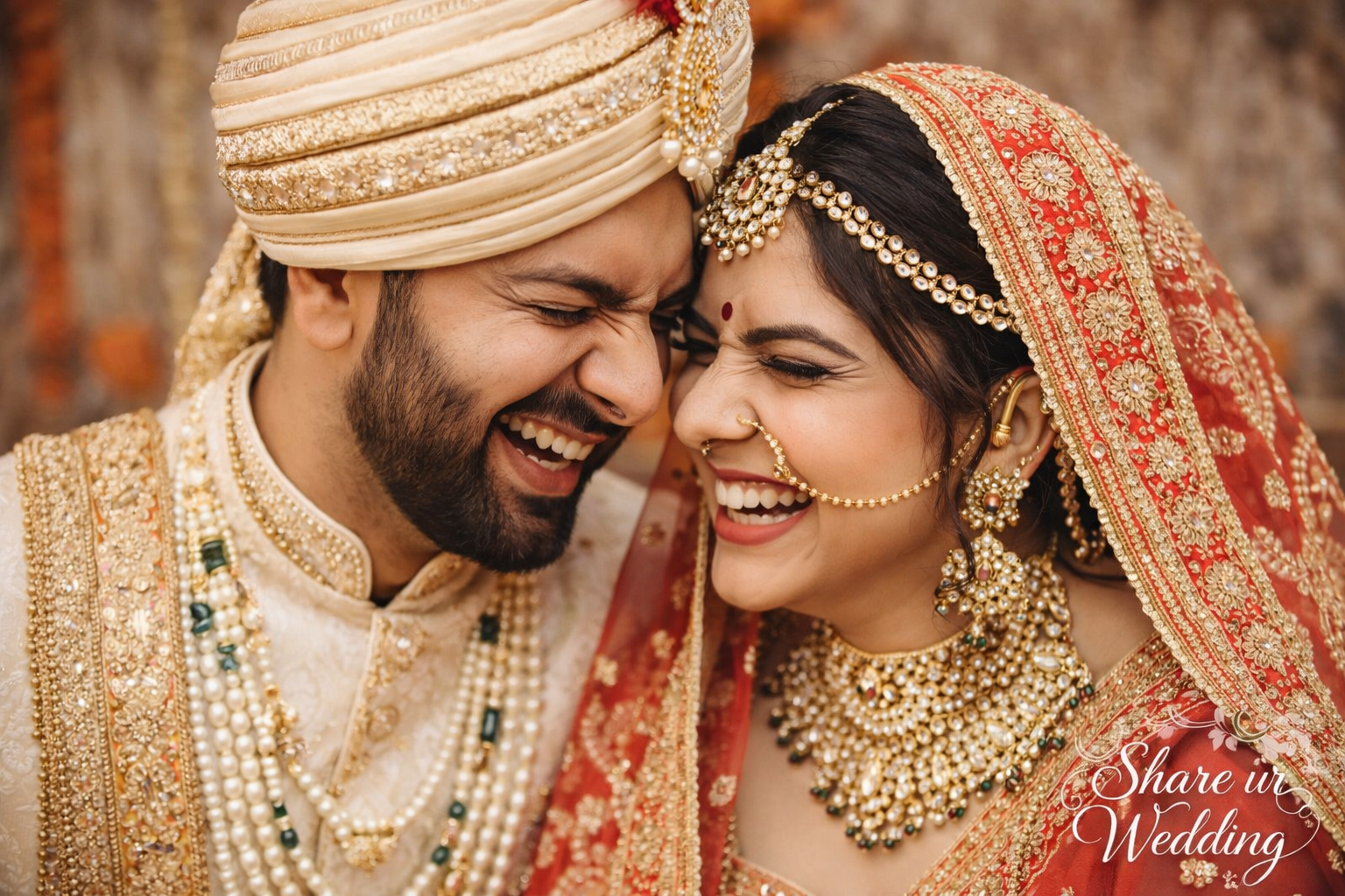 Indian wedding candid nose scrunch laugh pose of bride and groom smiling naturally in traditional attire