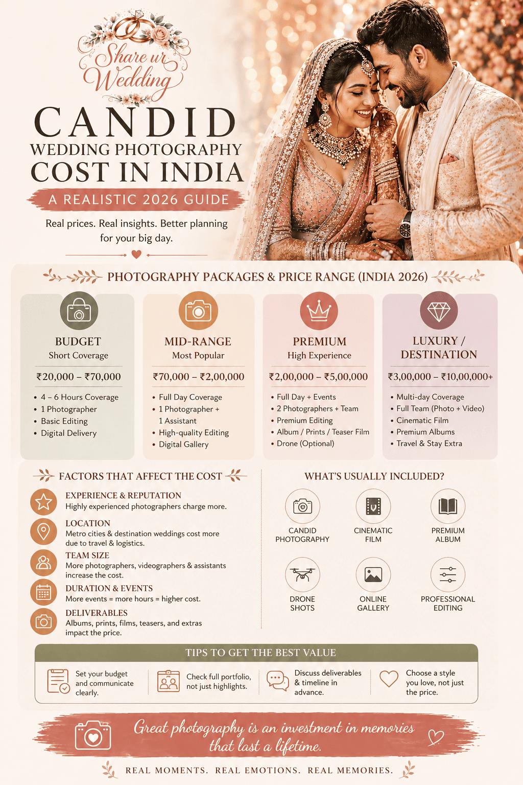 Candid wedding photography cost guide in India 2026 showing pricing ranges, packages, and budget breakdown for Indian weddings