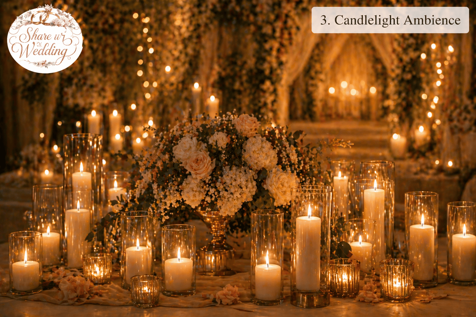 romantic candlelight ambience wedding decor with glowing candles, soft lighting, and elegant table setup for Indian wedding 2026