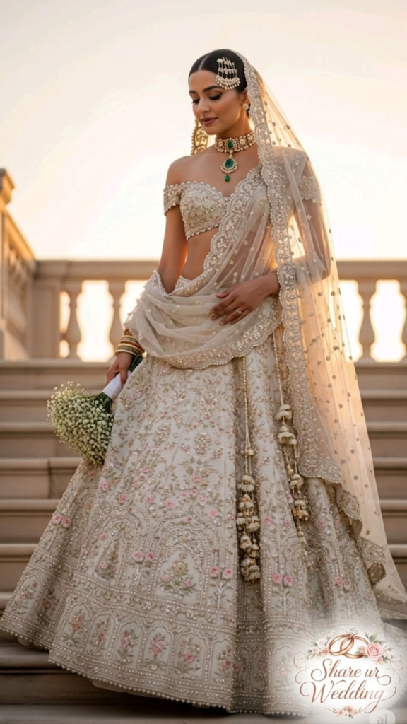 A photo of an off-white, minimalist lehenga with intricate thread work and mirrors. A bride wearing the outfit stands gracefully on a wooden staircase with a bouquet. The 'Share ur Wedding' logo is in the bottom right corner.