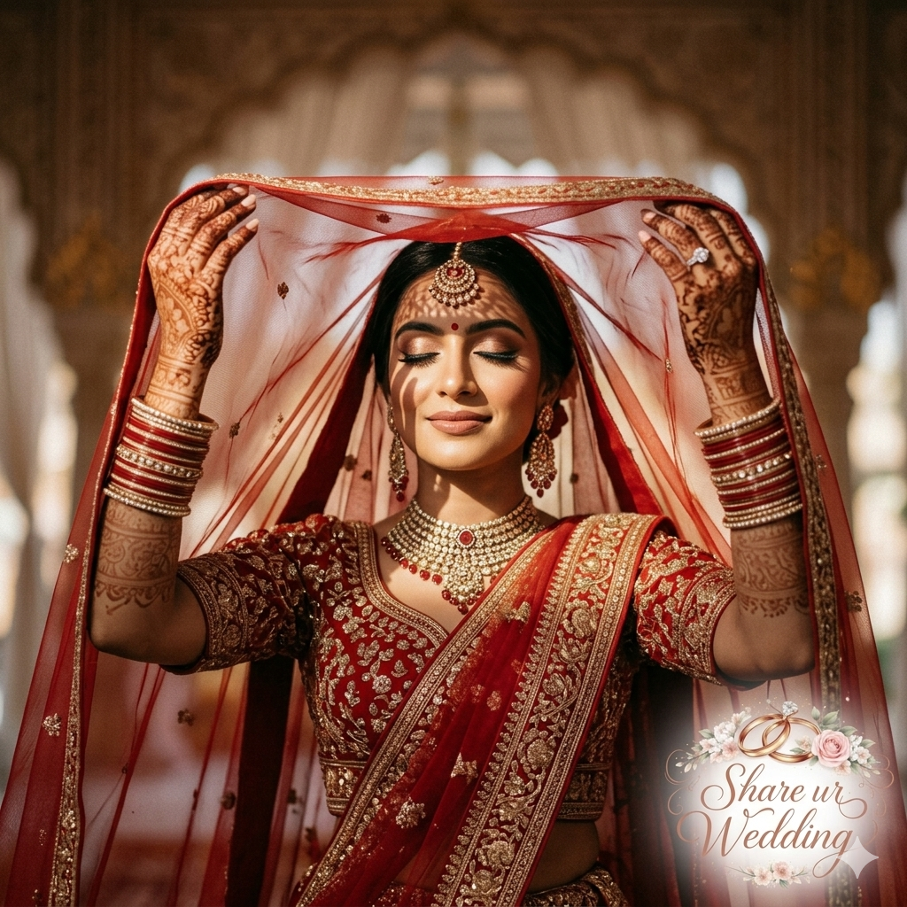 An Indian bride in a traditional red lehenga performing the dupatta veil overhead pose with eyes closed, showcasing intricate mehendi and bridal jewelry with a soft sunset glow.