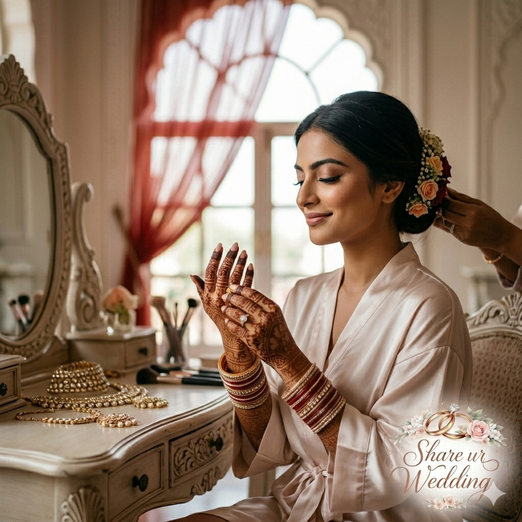 A candid 2026 wedding photography shot of an Indian bride in a silk robe, smiling as she looks at her mehendi-clad hands while a stylist adjusts her floral hair bun. Bridal jewelry and a vintage vanity mirror are visible on the table.