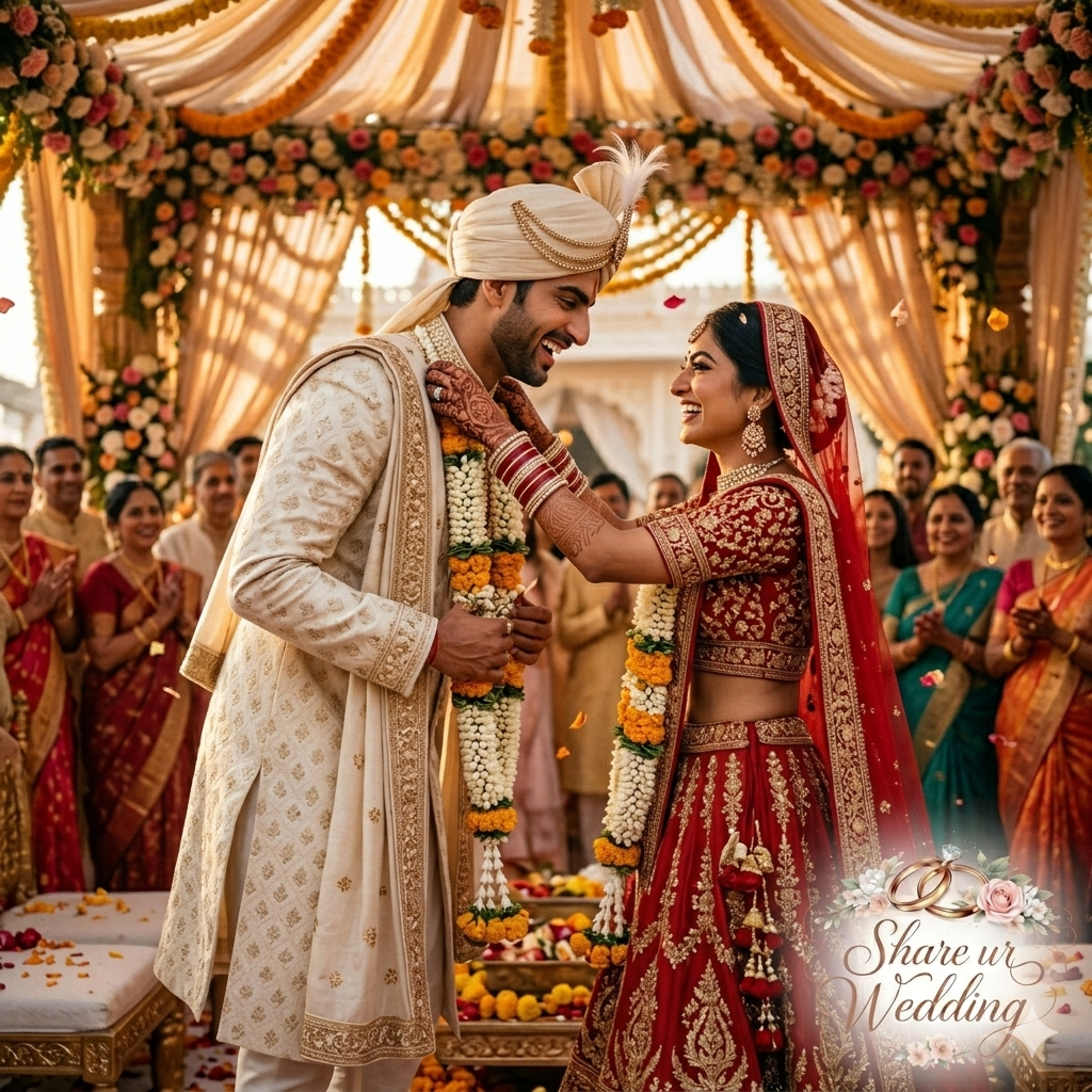 A candid action shot of an Indian bride and groom laughing while exchanging fresh flower garlands (Varmala) under a beautifully decorated floral mandap, surrounded by cheering family.