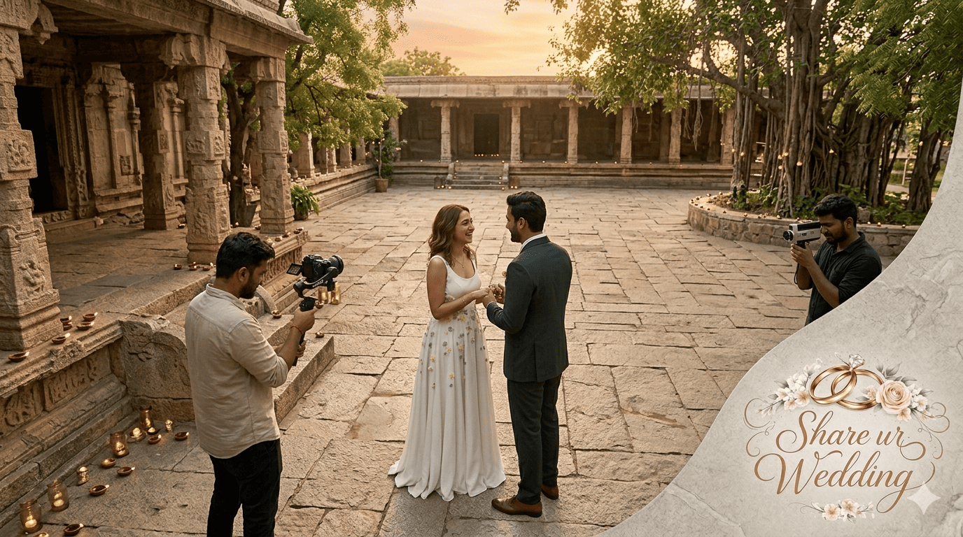 A professional cinematographer using a gimbal and mirrorless camera to capture an intimate, emotional moment between a couple in a sunlit Chittoor heritage courtyard, illustrating 2026 cinematic storytelling.