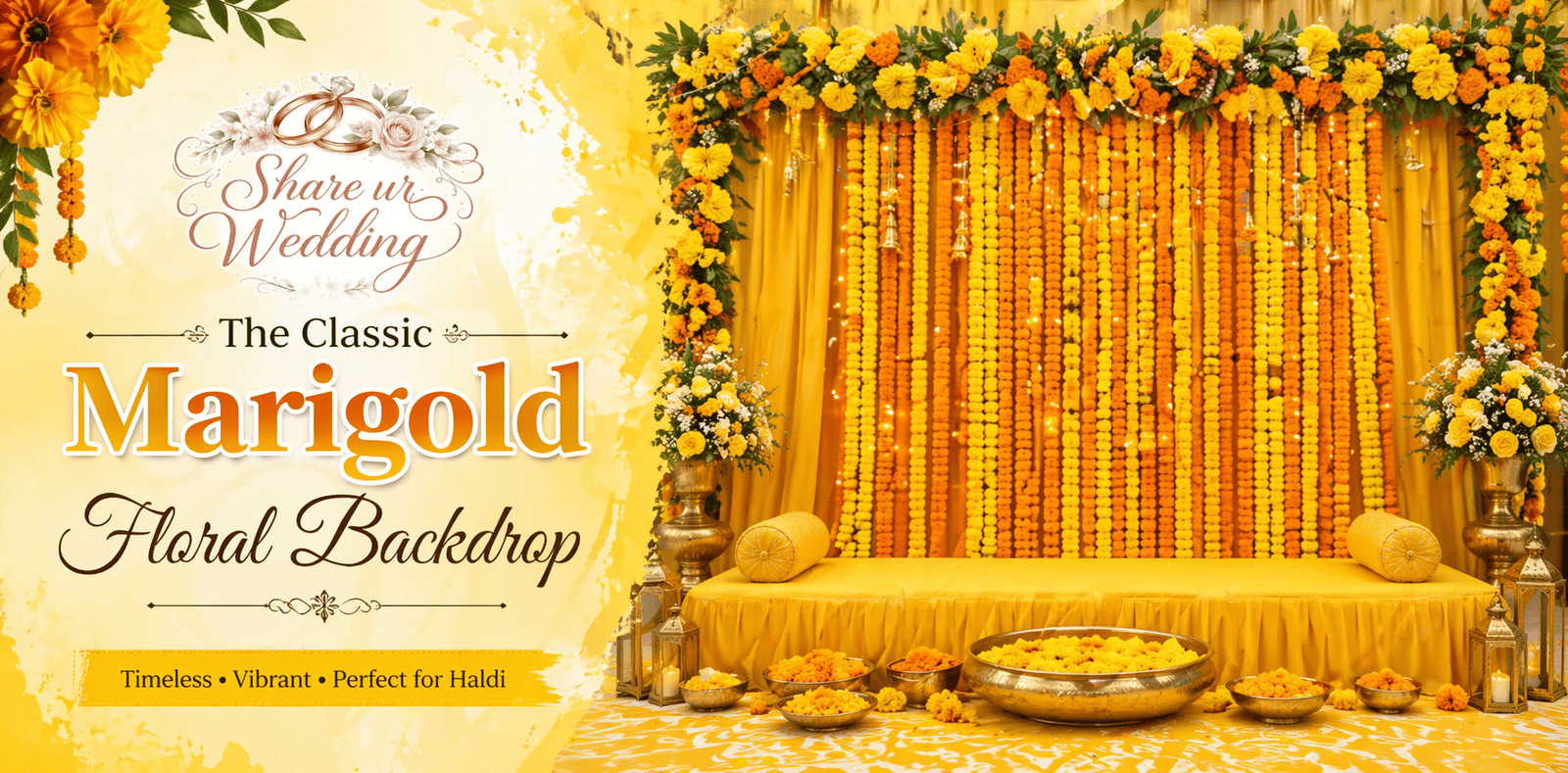 Classic marigold floral backdrop for Haldi ceremony with yellow and orange flower decorations and traditional seating