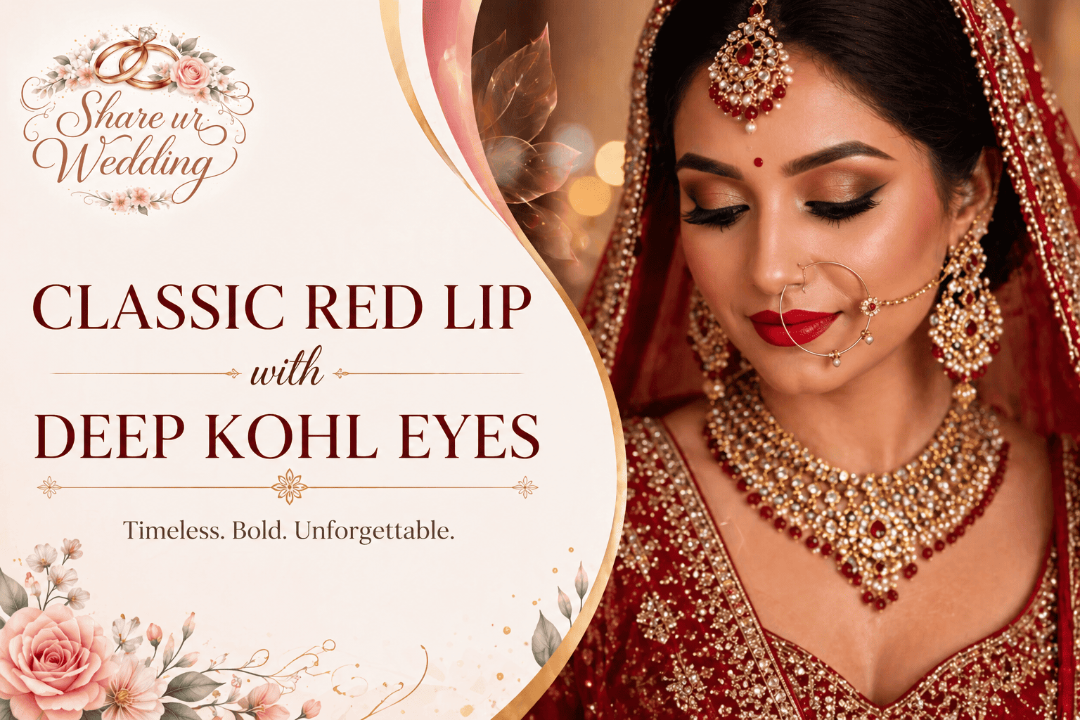 Classic Indian bridal makeup with bold red lipstick and deep kohl eyes, traditional elegant wedding look