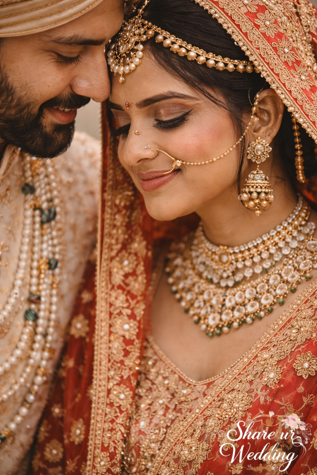 Indian wedding close up portrait showing bride jewelry makeup and groom details traditional attire photography