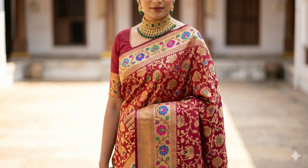 Standing bride wearing a heavy crimson Katan Banarasi silk saree with a dense all-over gold jaal and vibrant multi-colored (blue, green, pink) silk thread weaving (Meenakari work).