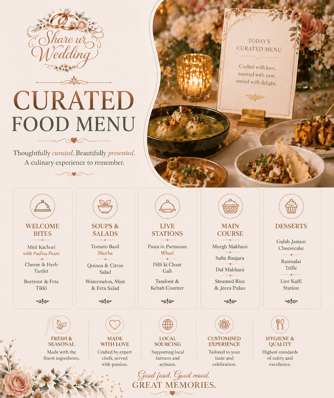 Elegant Indian wedding food menu setup with curated dishes, stylish presentation, and gourmet catering display