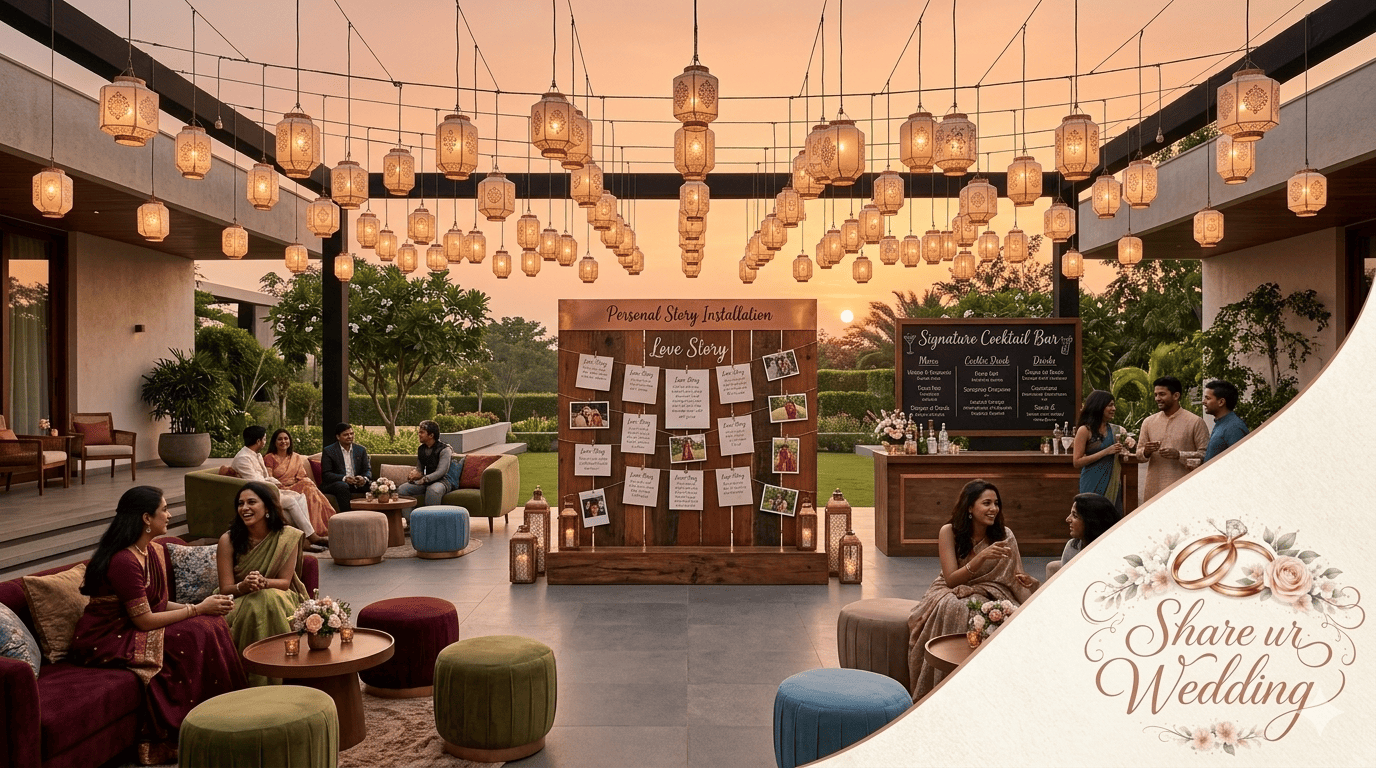 An intimate open-air personalized wedding reception lounge with customized hanging lanterns and unique furniture zones for a bespoke 2026 celebration in Chittoor, Andhra Pradesh.