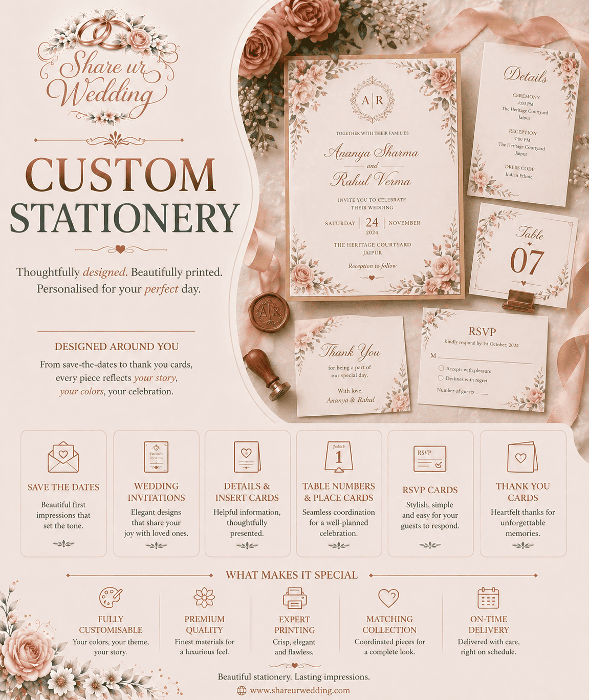 Elegant custom wedding stationery including invitation cards, menus, and place cards with personalized design for Indian wedding