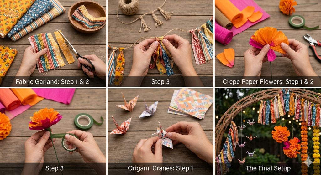 A multi-panel image tutorial illustrating the step-by-step process of creating three different DIY wedding decorations. The upper panels show hands cutting patterned fabric strips to make a multi-colored tassel garland. The middle panels demonstrate how to fold vibrant orange crepe paper to craft large flowers. The lower panels show intricate hands meticulously folding small origami paper cranes. The final panel displays all finished items—the fabric tassels, paper flowers, and hanging cranes—decorating a garden venue with fairy lights.