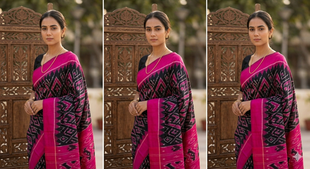 Standing bride wearing an authentic deep black and vibrant fuchsia pink Pochampally Ikat silk saree from Telangana, featuring traditional geometric motifs.
