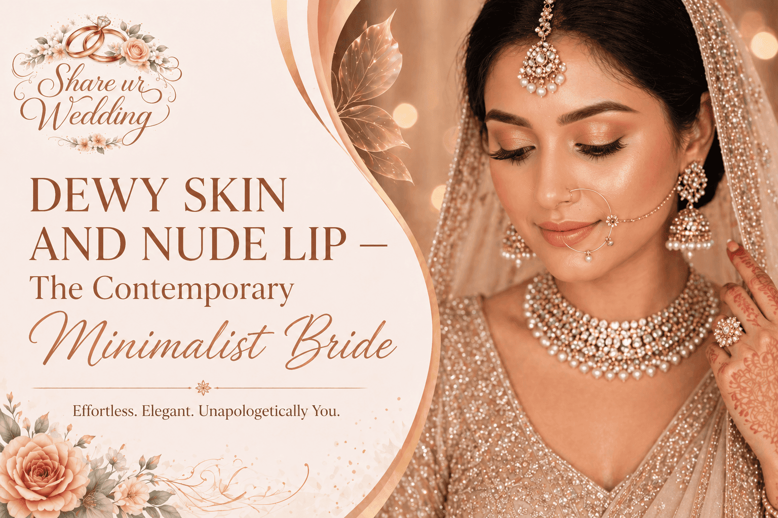 Dewy skin bridal makeup with nude lips and soft natural glow for minimalist Indian bride