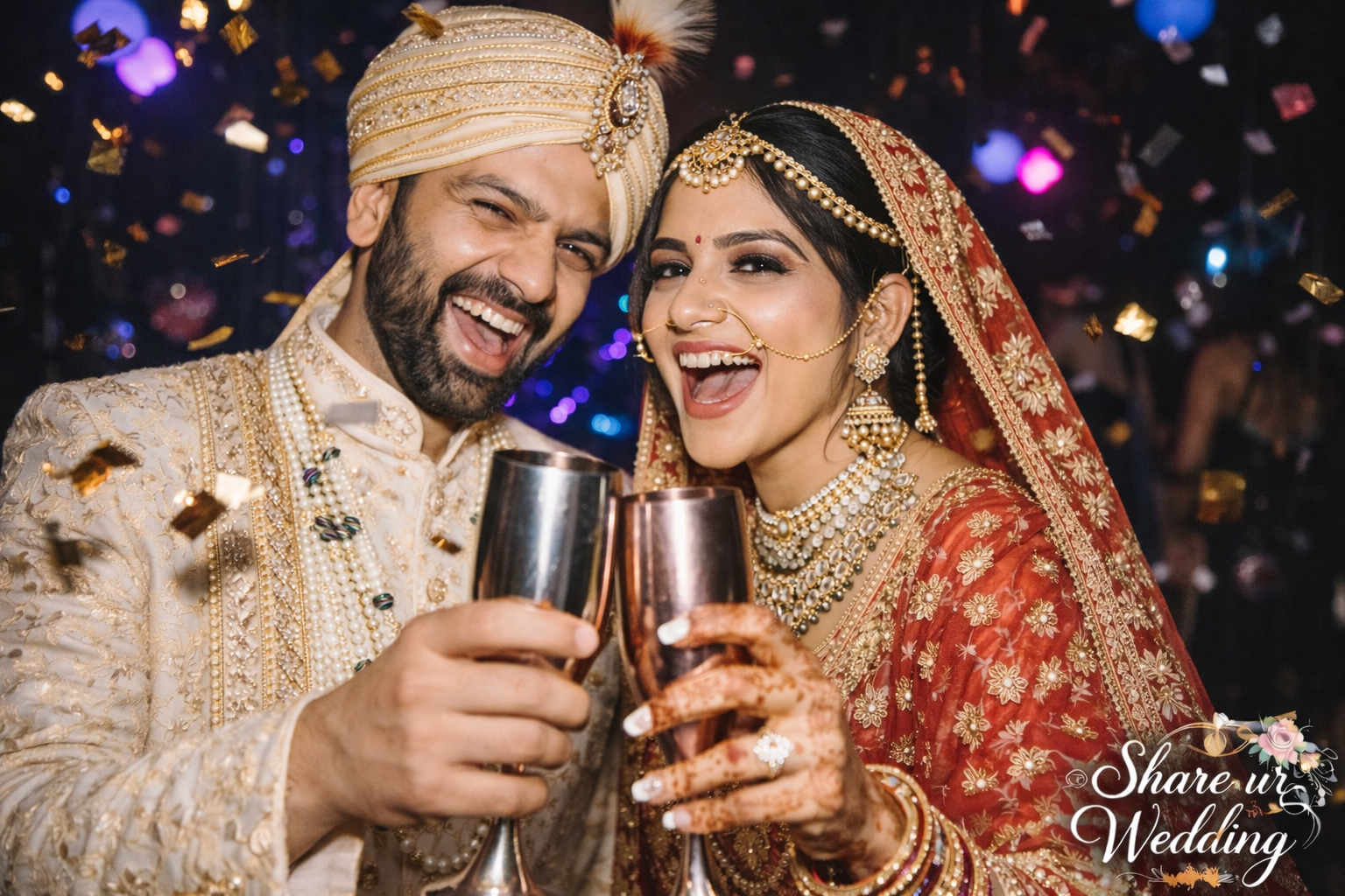 Indian wedding party direct flash photo bride and groom celebrating candid energetic reception shot