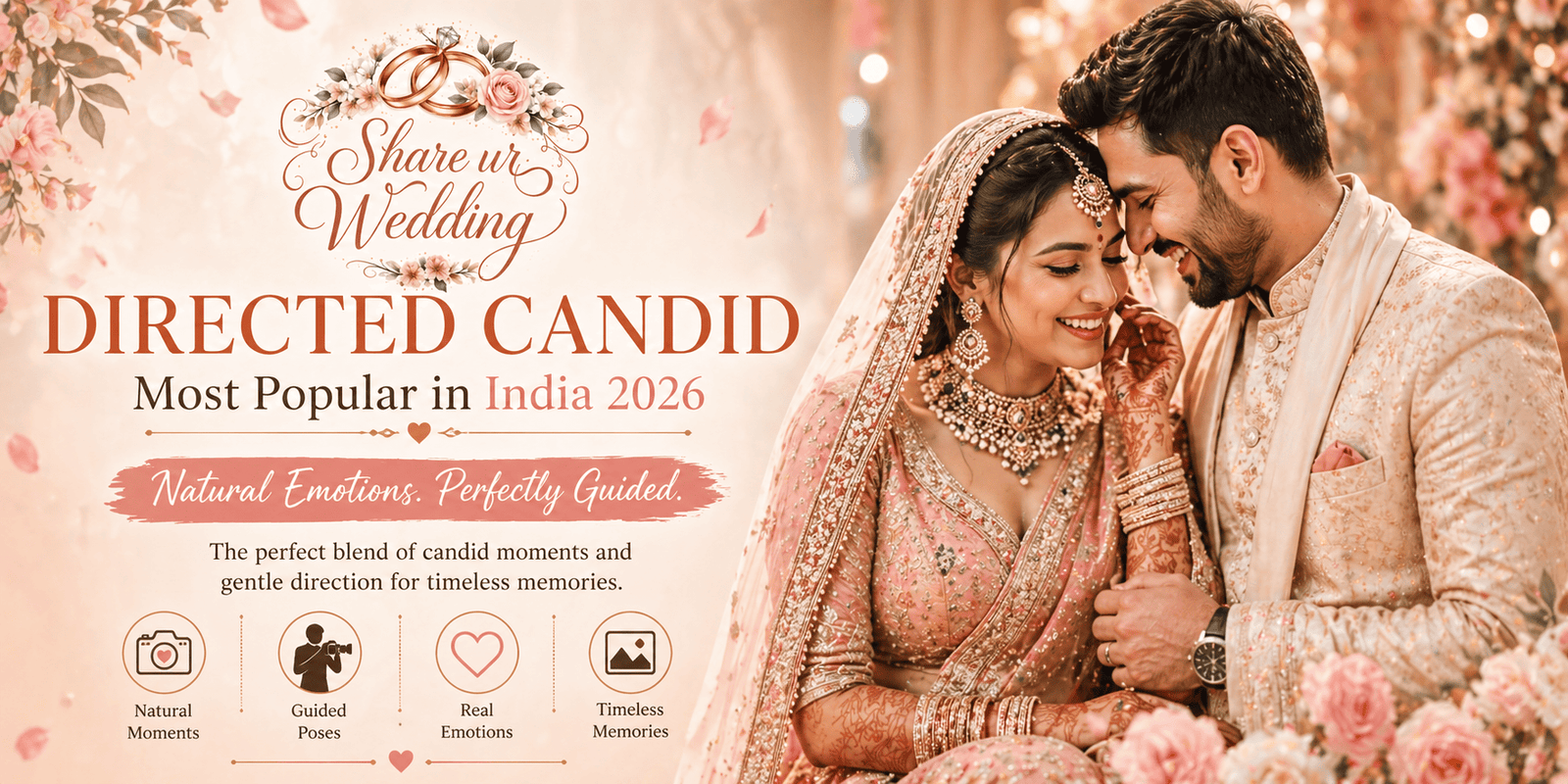 Directed candid wedding photography of Indian bride and groom capturing natural yet guided poses with real emotions and elegant styling