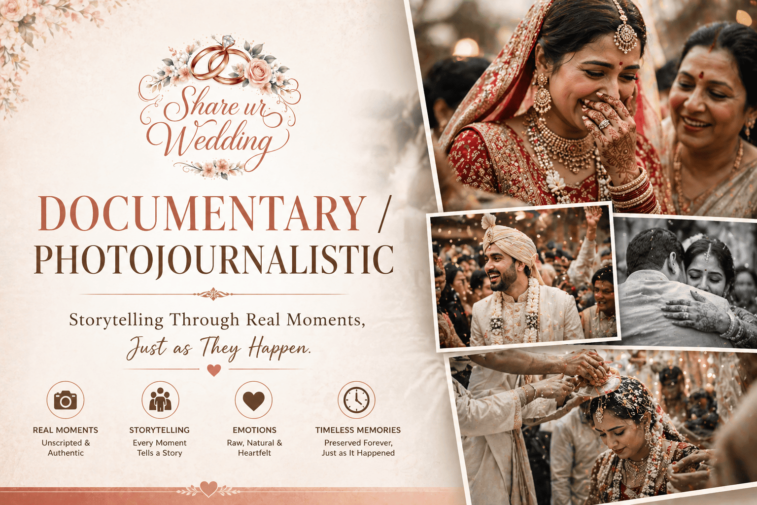 Documentary wedding photography capturing real emotional moments of Indian bride and groom in a natural storytelling style with Share ur Wedding logo