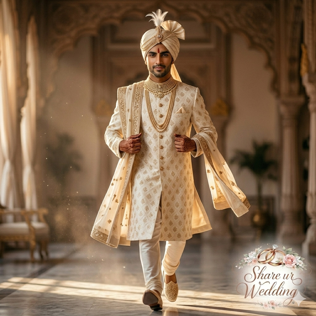 A high-energy movement shot of an Indian groom in a designer ivory and gold sherwani, walking confidently toward the camera with a natural smile. The background shows a luxurious wedding venue with soft bokeh lighting.