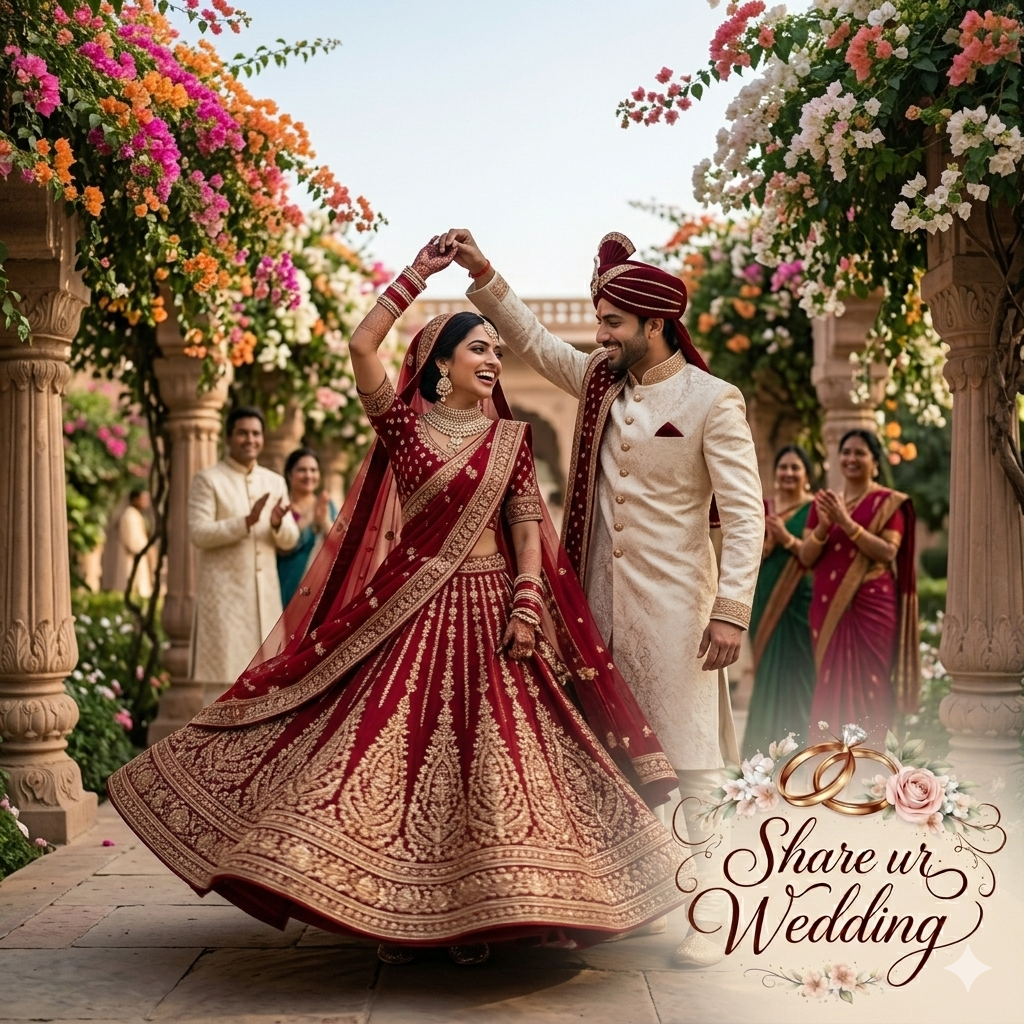 A vibrant movement shot of an Indian groom in a cream sherwani twirling his bride. The bride is wearing a heavy red and gold embroidered lehenga that flares out beautifully. They are both laughing joyfully in a palace garden courtyard filled with pink and orange bougainvillea flowers. Family members are seen clapping in the background. The 'Share ur Wedding' logo is in the bottom-right corner.