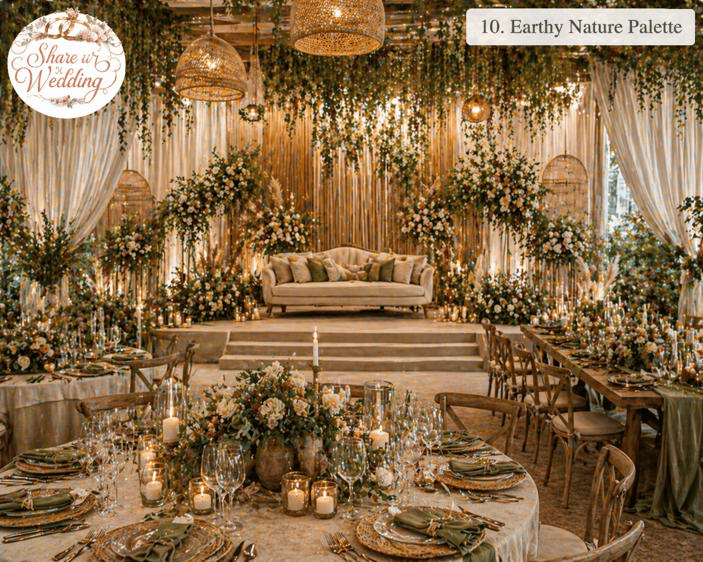 earthy wedding decor palette with terracotta, beige, green foliage, and natural elements for elegant Indian wedding 2026