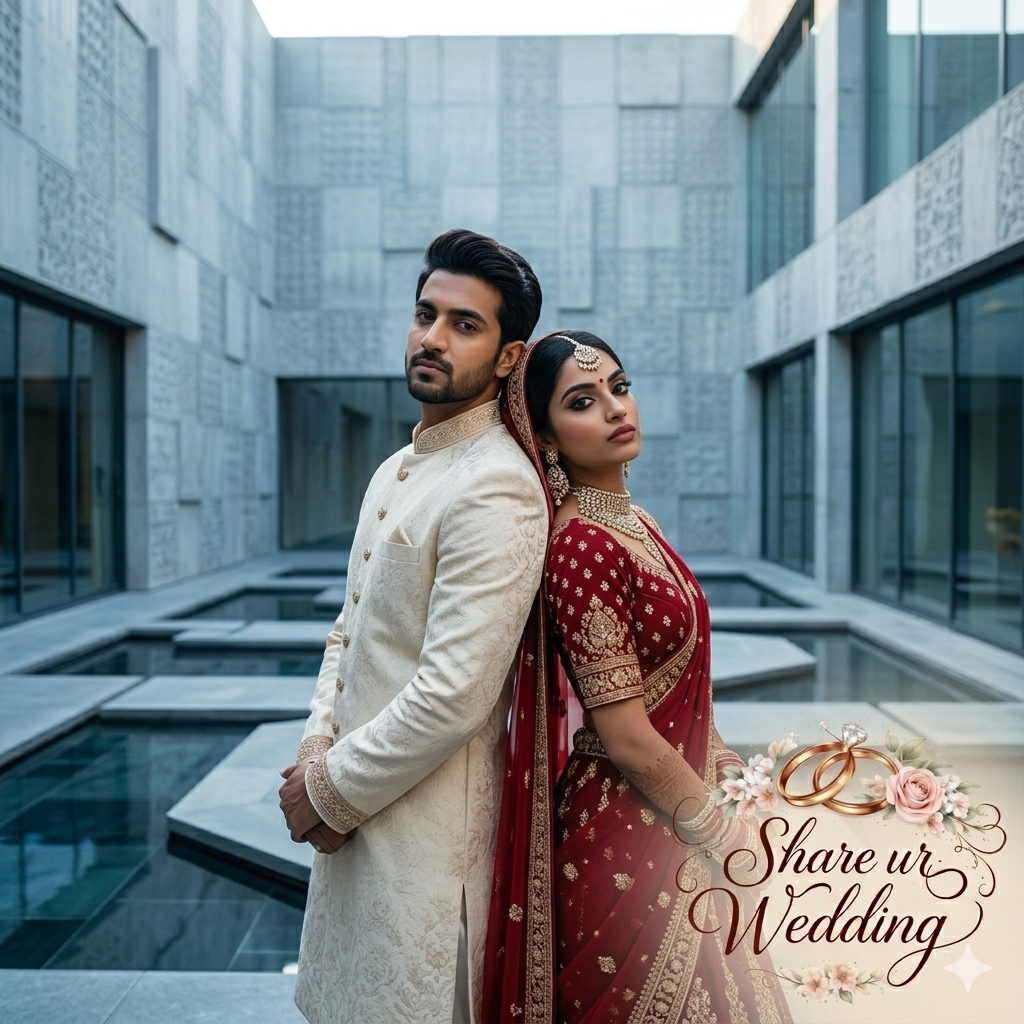 A high-fashion, editorial photograph of an Indian bride and groom standing back-to-back, lightly leaning against each other. The groom is in a cream sherwani and the bride in a detailed red lehenga, similar to the attire in image_1.png and image_3.png. They are not smiling and are looking past the camera with intense, stylish expressions. They are positioned in a minimalist, textured concrete courtyard of a contemporary luxury hotel with geometric water features. In the bottom-right corner, the 'Share ur Wedding' logo is subtly integrated.