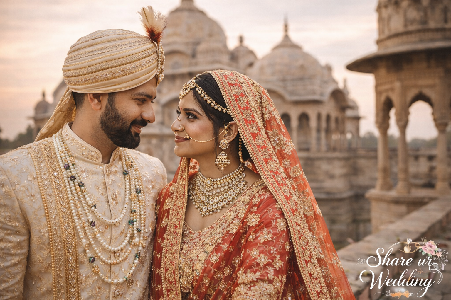 Indian pre wedding couple looking at each other with heritage architecture background editorial style photography