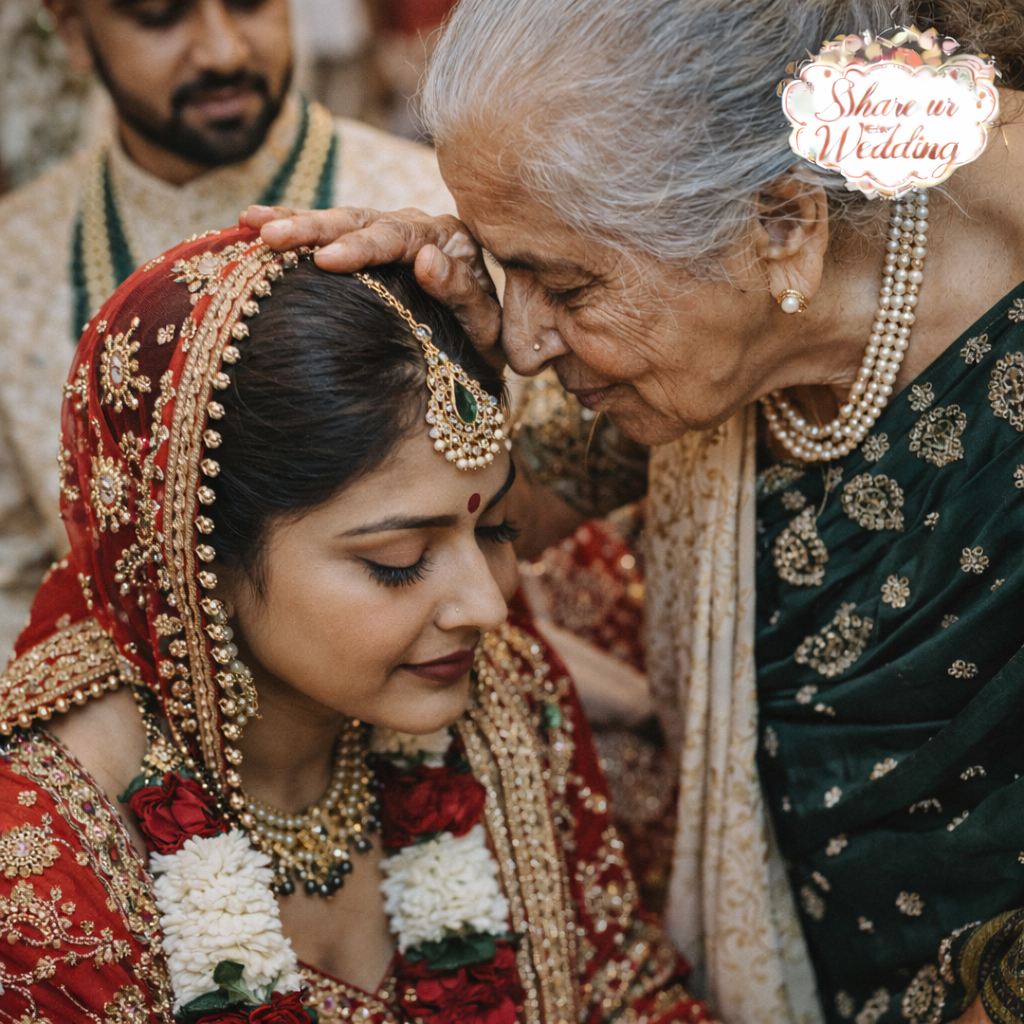 Indian wedding elder blessing candid with bride receiving blessings from grandmother during traditional ceremony