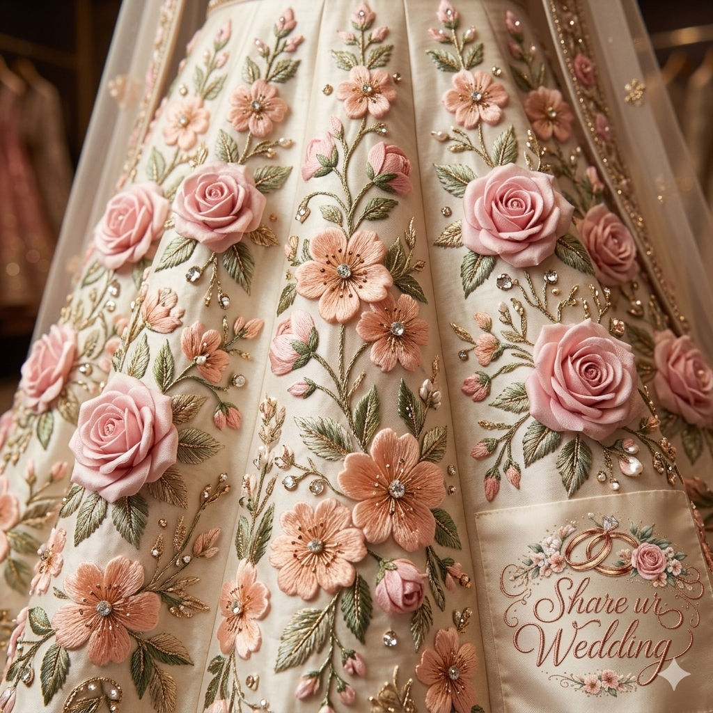 Close-up of a cream-colored bridal lehenga featuring intricate 3D pink floral embroidery and gold threadwork with the Share ur Wedding logo.