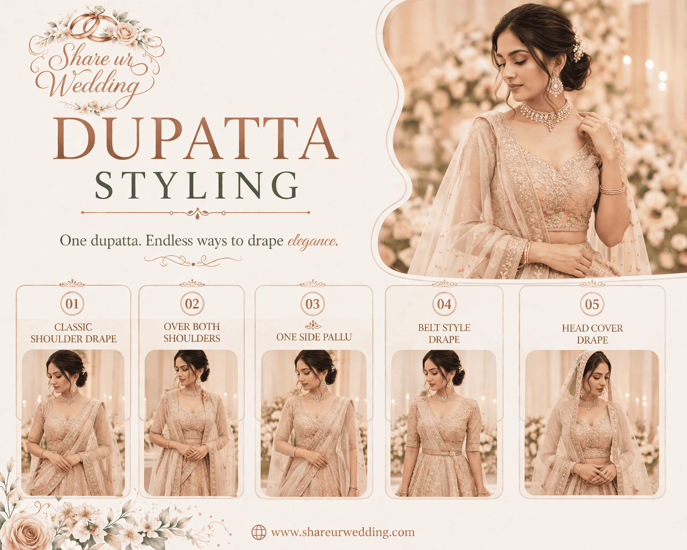 Indian bride showcasing elegant dupatta styling with a lehenga, draped beautifully for a modern and graceful wedding look