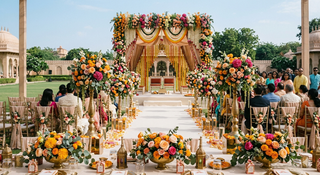 A grand outdoor Indian wedding ceremony setup featuring a marigold and rose floral mandap arch, tall gold pedestal centerpieces, and floral aisle markers on a white runway.