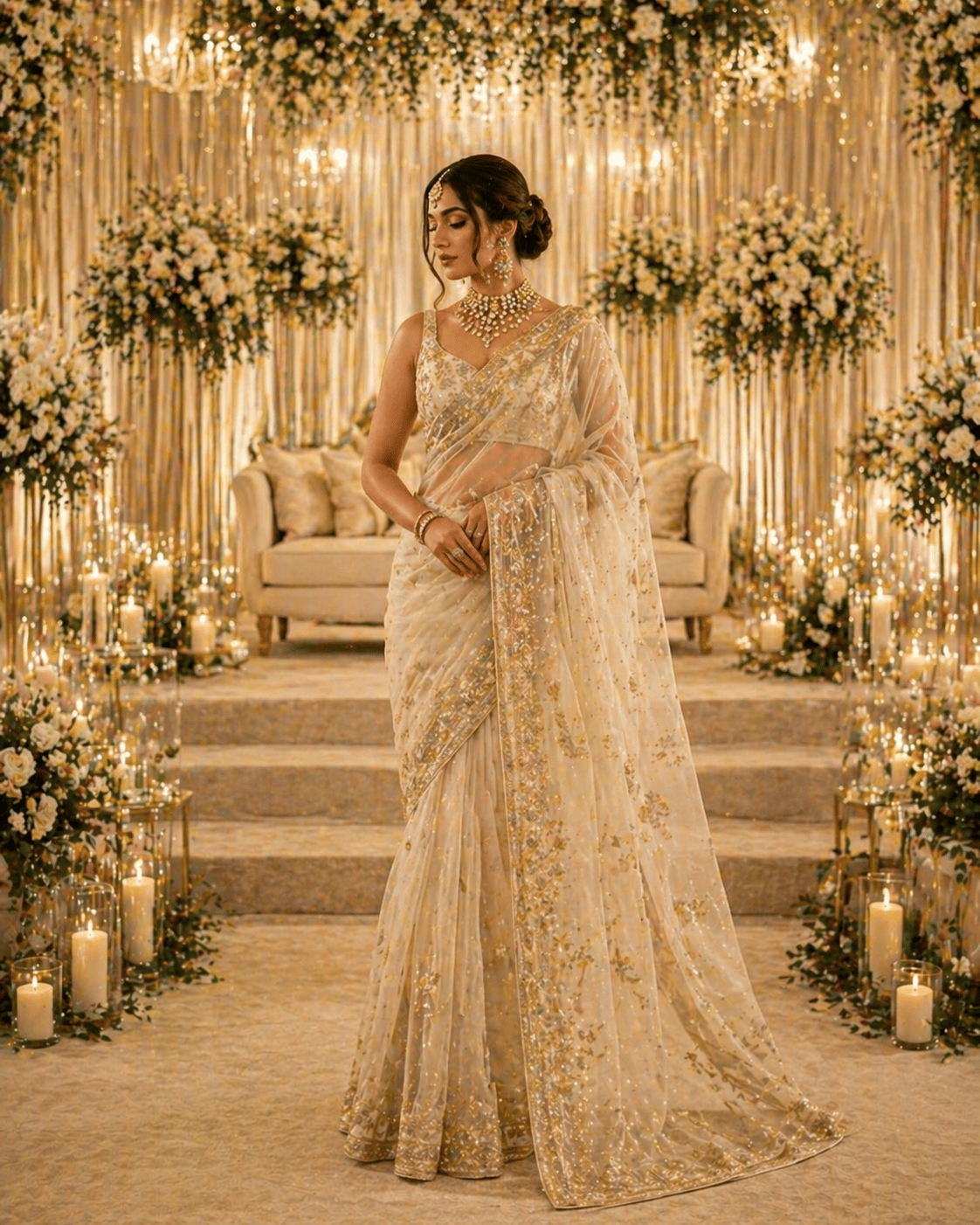 organza saree for wedding with sheer fabric, soft pastel colors, and elegant embroidery for Indian bride 2026