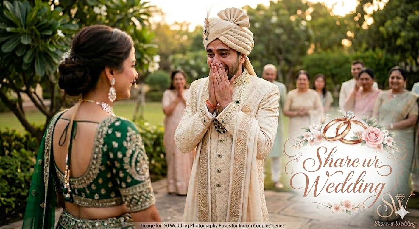 A candid, close-up photograph capturing an emotional 'first look' reaction: an Indian groom is overwhelmed with joyful tears, his hands covering his mouth in surprise, as he sees his stunning bride in her emerald green wedding lehenga for the first time in a garden. The Share ur Wedding logo is integrated into the corner.