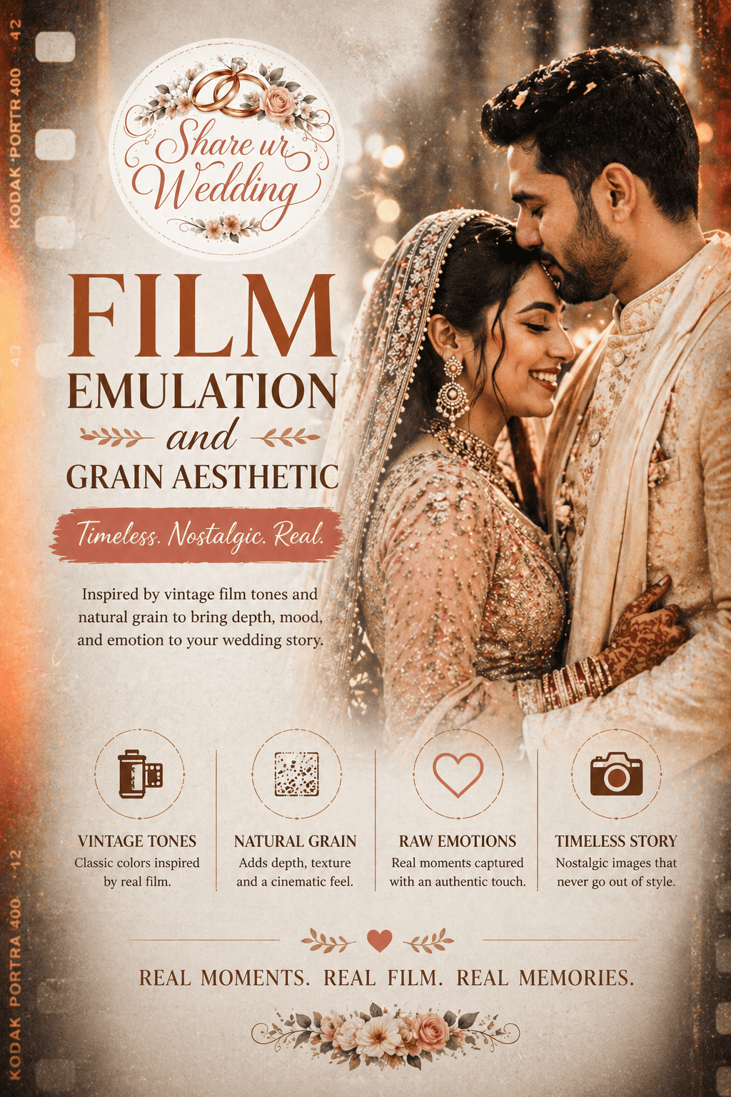Film emulation wedding photography with grain aesthetic capturing romantic Indian bride and groom in vintage cinematic style with natural tones and soft textures