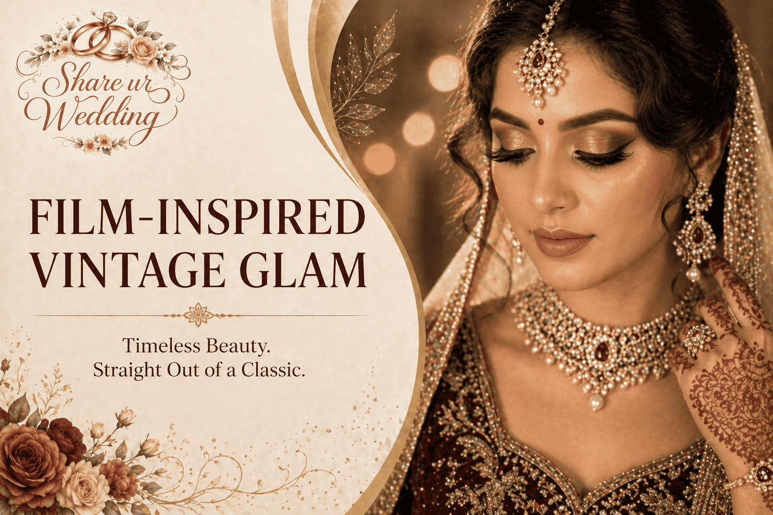Vintage glam bridal makeup inspired by classic films with winged eyeliner, bold lips and soft curls