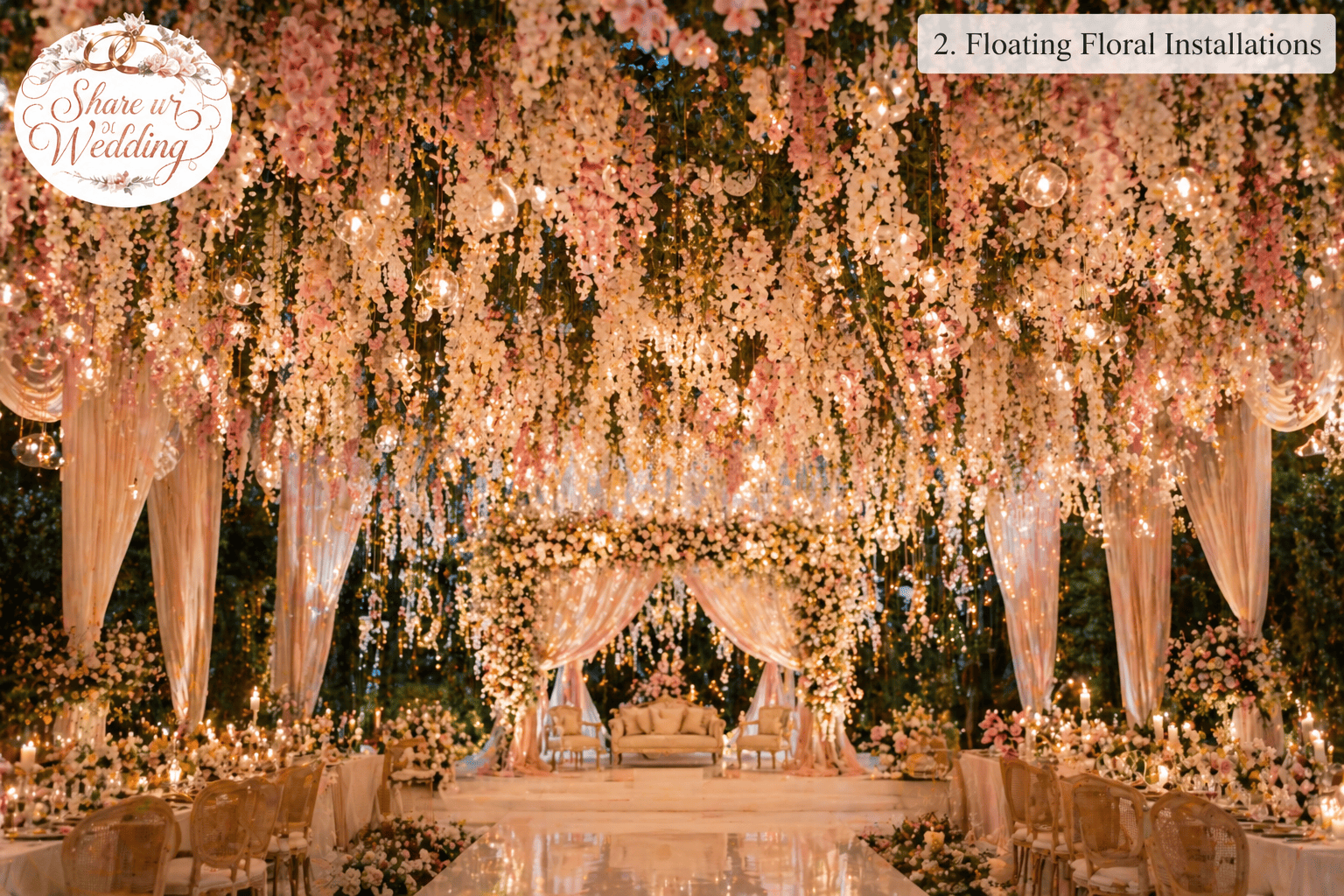 Floating floral installations with hanging roses, orchids, and greenery creating a dreamy ceiling decor for elegant Indian wedding 2026