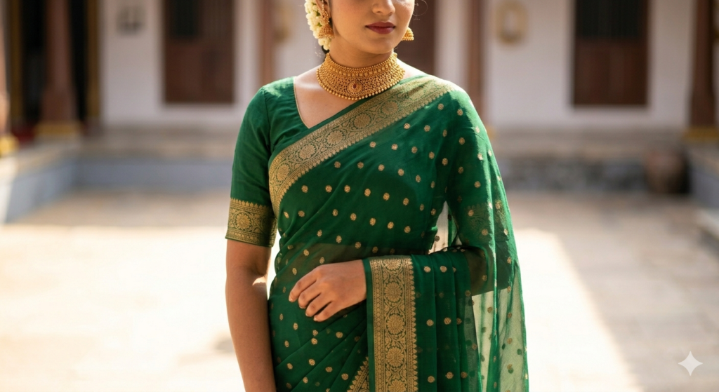 Standing bride wearing a fluid emerald green Georgette Banarasi saree with small, scattered antique gold coin (Ashrafi) buttas and traditional borders.